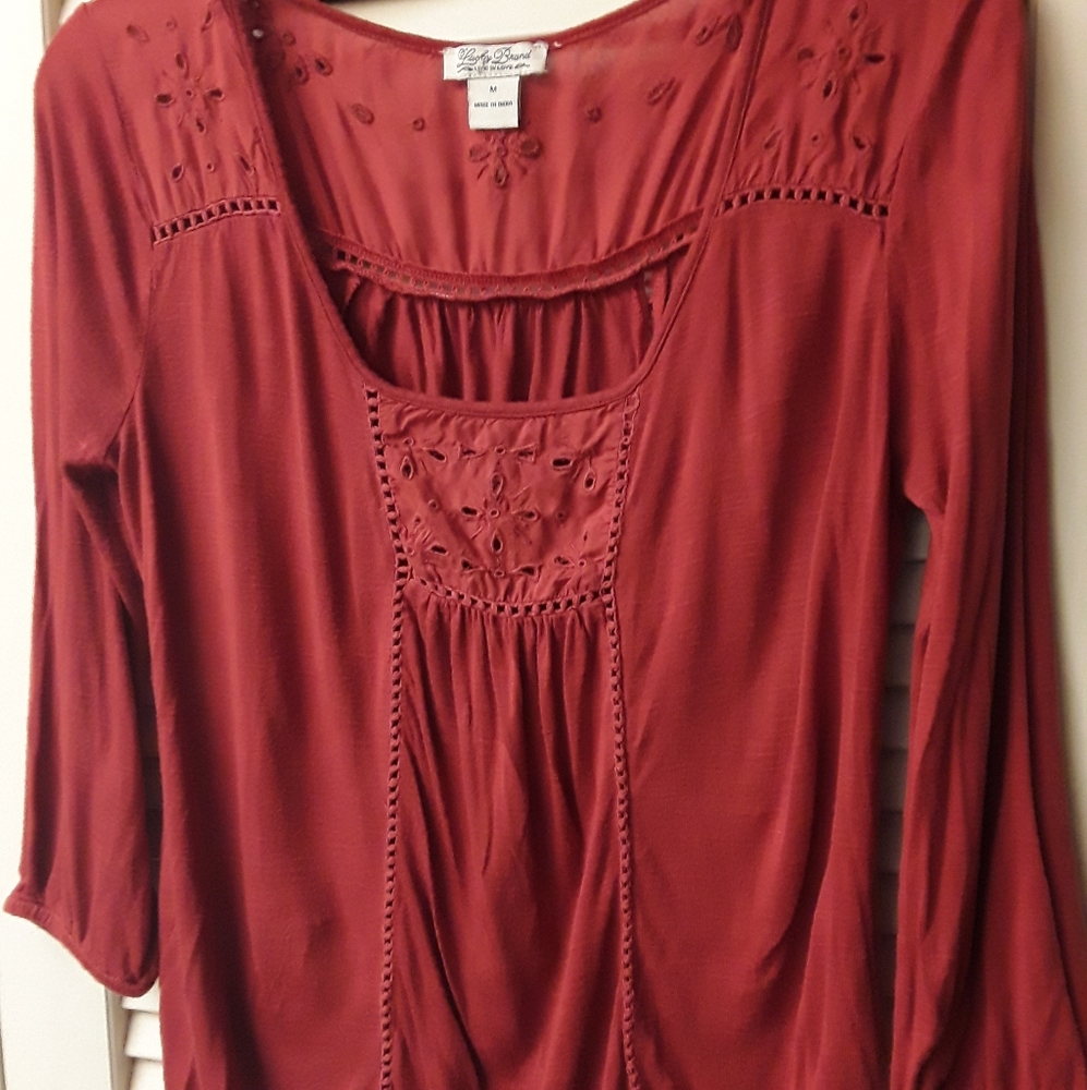 Orange Rust Eyelet Peasant Boho Top M Lucky - image 4